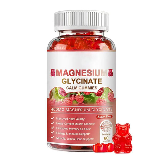 Gomitas de Glicinato de Magnesio Calm 400mg - Sin Azúcar, 100% Natural, Apoyo para el Sueño y los Músculos (60 Gomitas)